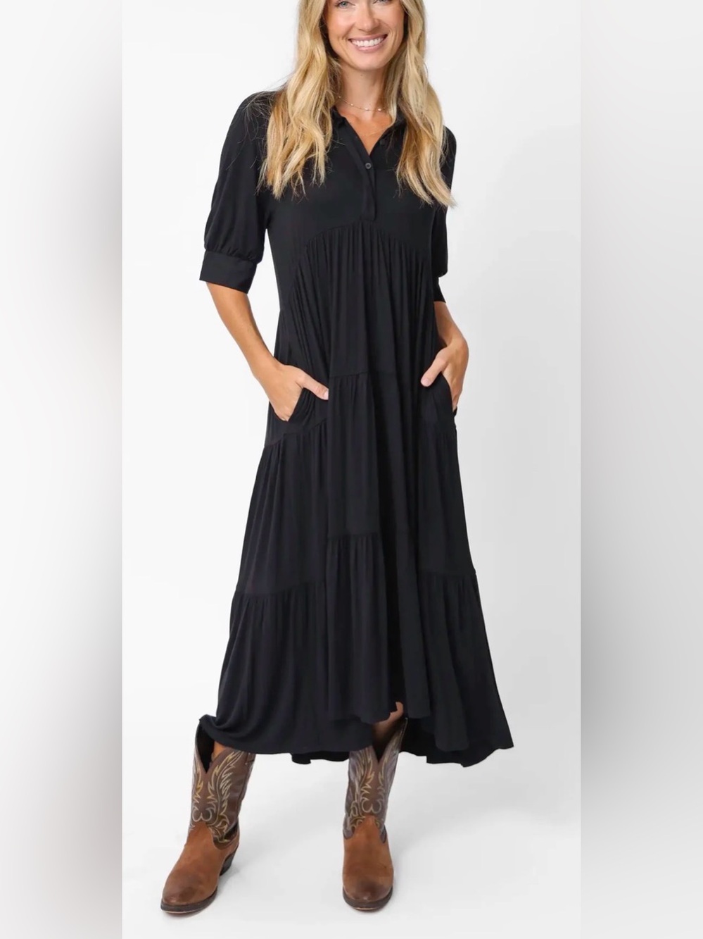 NATURAL LIFE Rebecca "ButterSoft" Midi Dress Black Tiered Size Small